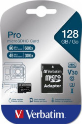 Pamov karta, microSDXC, 128 GB, CL10/U3, 90/45 MB/s, s adaptrom, VERBATIM "PRO"