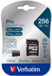 Pamov karta, microSDXC, 256 GB, CL10/U3/A2, 100/90 MB/s, s adaptrom, VERBATIM "PRO"